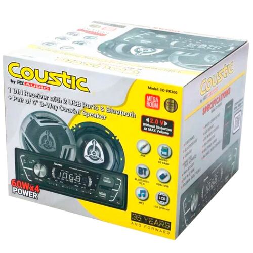 Estéreo 1 DIN + 2 Bocinas Coustic CO-PK300 De 6 Pulg Bluetooth 2 USB AUX 250 Watts.