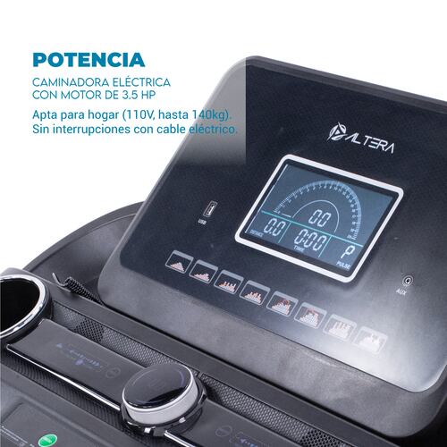 Altera Caminadora eléctrica | 4 HP | 12 programas de ejercicio. | 1 a 20 Km/h | bluetooth y App móvil | Plegable.