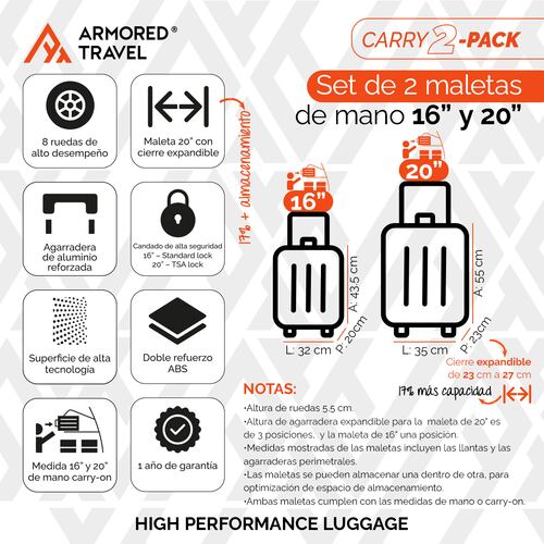 Maletas de viaje carry on de mano cabina 10kg Rígida set de viaje 2 pack 20 + 16 pulgadas ABS doble calibre con cierre expandible y candado alta seguridad TSA LOCK Negro Armored travel.