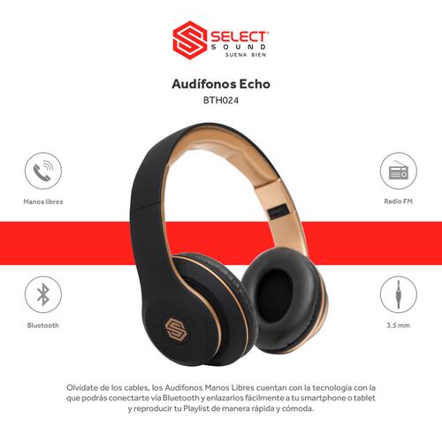 Audifonos Bluetooth con Manos Libres Select Sound  Echo BTH024 Tipo Dj con Radio Fm