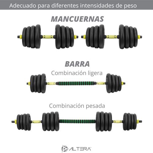 Altera Set de pesas de Cemento 4 en 1 hasta 40 kg Ajustables con varilla de conexión y barra abdominal para ejercicio en casa.
