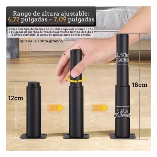 4 Piezas Patas Sofá Ajustables Metal Para Muebles 12 18cm Negro