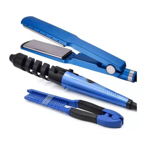 Kit De Plancha Alaciadora 450 tenaza Rizadora Cabello Azul