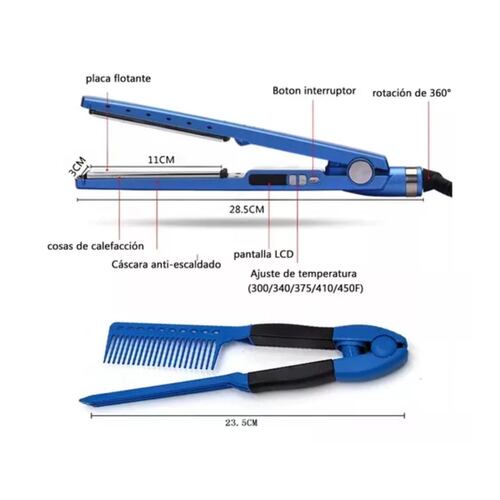 Kit De Plancha Alaciadora 450 tenaza Rizadora Cabello Azul