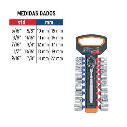 juegos de dados mm y std con matraca, cuadro 3/8``, Truper