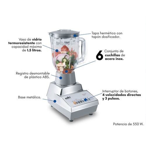Licuadora MAN LMV-9090 vaso Vidrio 1.5 Lt. 7 vel. 550W base metálica.