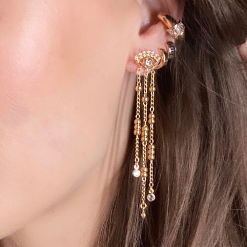 Aretes Ojo Griego con Cadenitas- Baño de oro 18k- aretes dorados- ojo turco