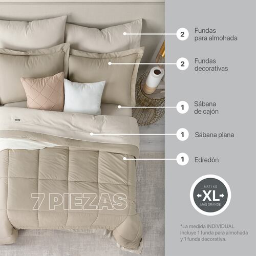 Set Edredón King Size con Fundas y Sábanas 7 Pzas Khaki / Beige Real Textil.