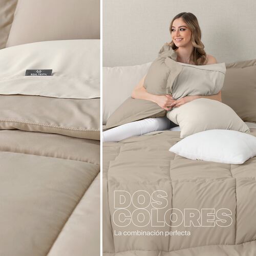 Set Edredón King Size con Fundas y Sábanas 7 Pzas Khaki / Beige Real Textil.