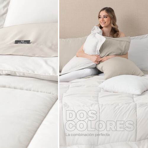 Set Edredón Individual con Fundas y Sábanas 5 Pzas Blanco / Beige Real Textil.