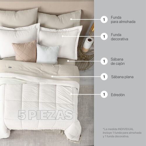 Set Edredón Individual con Fundas y Sábanas 5 Pzas Blanco / Beige Real Textil.