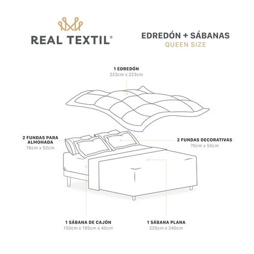 Set Edredón Queen Size con Fundas y Sábanas 7 Pzas Blanco / Beige Real Textil.