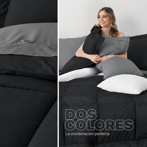 Set Edredón Matrimonial con Fundas y Sábanas 7 Pzas Negro / Gris Real Textil.