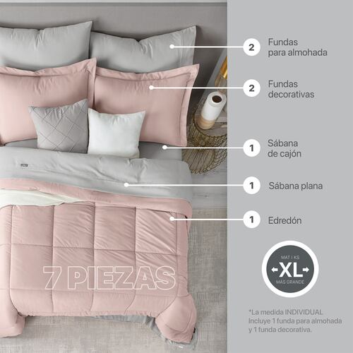 Set Edredón King Size con Fundas y Sábanas 7 Pzas Rosa / Gris Real Textil.