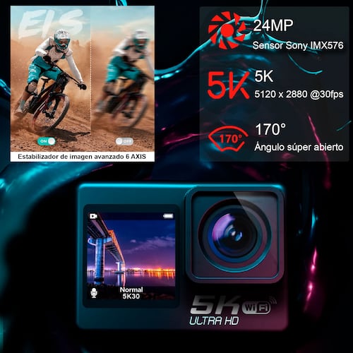 CAMARA DIGITAL DEPORTIVA 302 DOBLE PANTALLA MICROFONO 5K WIFI c AGUA.