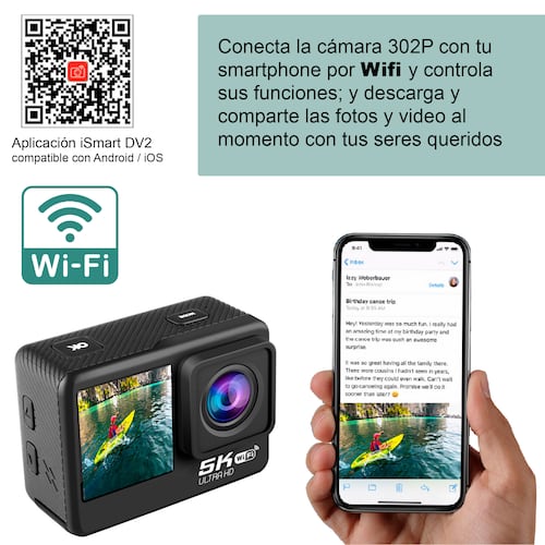 CAMARA DIGITAL DEPORTIVA 302 DOBLE PANTALLA MICROFONO 5K WIFI c AGUA.