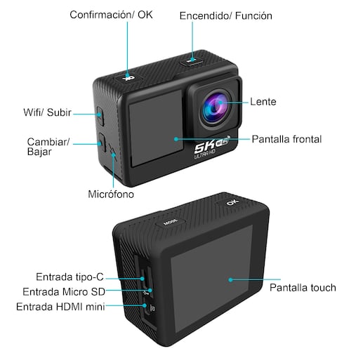 CAMARA DIGITAL DEPORTIVA 302 DOBLE PANTALLA MICROFONO 5K WIFI c AGUA.