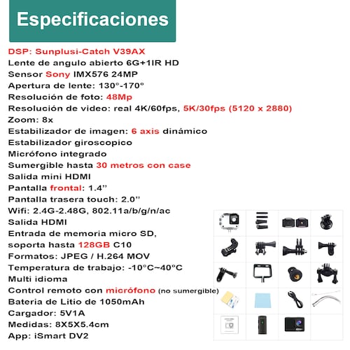 CAMARA DIGITAL DEPORTIVA 302 DOBLE PANTALLA MICROFONO 5K WIFI c AGUA.