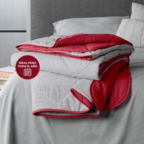 Edredón Colcha Ligero de Doble Vista Queen Size Gris Claro - Rojo Real Textil