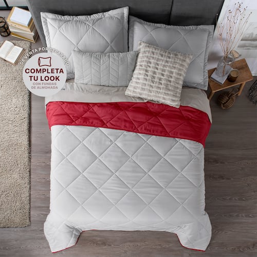 Edredón Colcha Ligero de Doble Vista Matrimonial Gris Claro - Rojo Real Textil