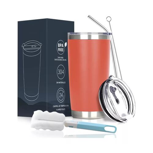 Vaso Térmico De 20oz Acero Inoxidable Con Popote Y Cepillo Naranja