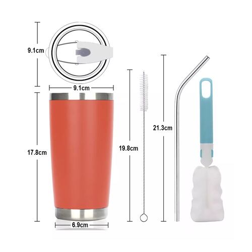 Vaso Térmico De 20oz Acero Inoxidable Con Popote Y Cepillo Naranja