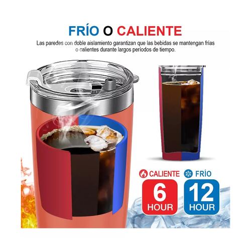 Vaso Térmico De 20oz Acero Inoxidable Con Popote Y Cepillo Naranja