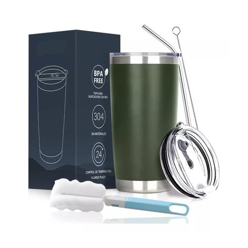 Vaso Térmico De 20oz Acero Inoxidable Con Popote Y Cepillo Verde Oscuro