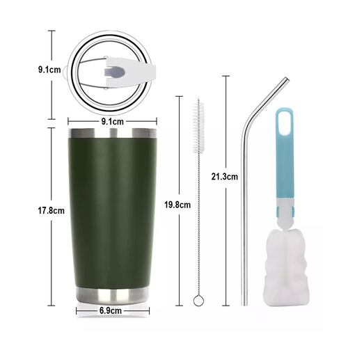Vaso Térmico De 20oz Acero Inoxidable Con Popote Y Cepillo Verde Oscuro