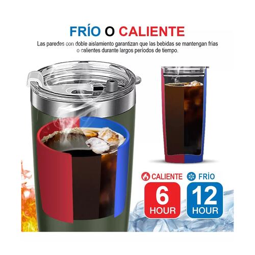 Vaso Térmico De 20oz Acero Inoxidable Con Popote Y Cepillo Verde Oscuro