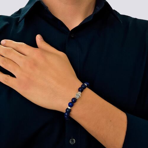 Pulsera Mano Fátima Plata .925 Hombre de piedra lapislázuli.
