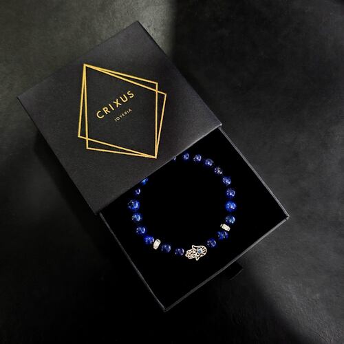 Pulsera Mano Fátima Plata .925 Hombre de piedra lapislázuli.