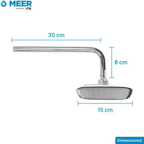 MEER Faucets  by CNX | Regadera Cuadrada de 15 cm con Cuello de 27 cm, Cabezal de Ducha de ABS con Tubo de Metal Cromado. Multiposición, Anti-Sarro y Funciona con Presión Baja.