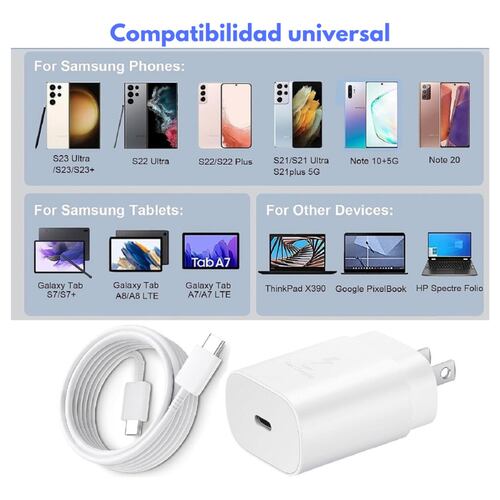 Cargador Super Carga Rapida Tipo C 25w Para Samsung Galaxy Color Blanco Con cable USB-C A USB-C