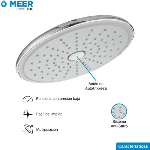 MEER Faucets  by CNX | Regadera Redonda de 20 cm, Cabezal de Ducha de ABS Cromado con Botón de Autolimpieza. Multiposición, Anti-Sarro y Funciona con Presión Baja.