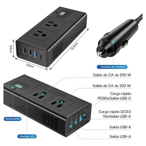 Inversor De Corriente Portátil Para Auto 12v A 110v 200w.