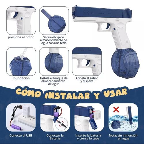 Pistola De Agua Eléctrico Automatica Juguete Glock Tambor, juego de equipo, disparo de agua, lanzador para exteriores..