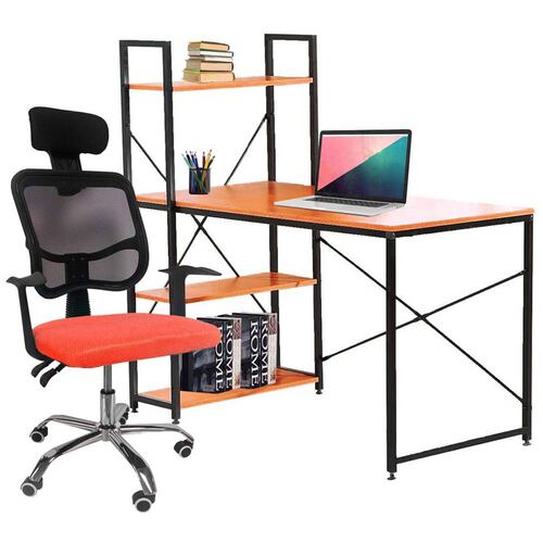 Escritorio Minimalista Kit Silla Oficina Reclinable Cabecera Ajustable Naranja
