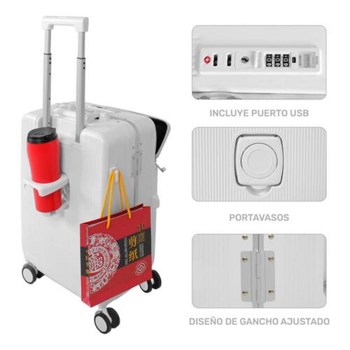 Maleta Cabina Porta Vasos 4 Ruedas Equipaje Doble Seguridad Blanca