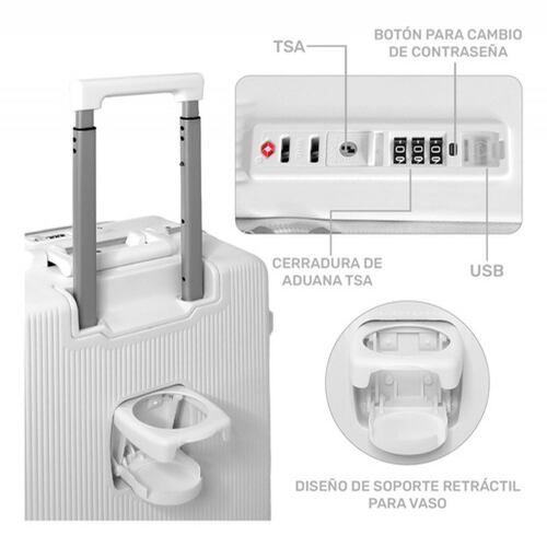 Maleta Cabina Porta Vasos 4 Ruedas Equipaje Doble Seguridad Blanca