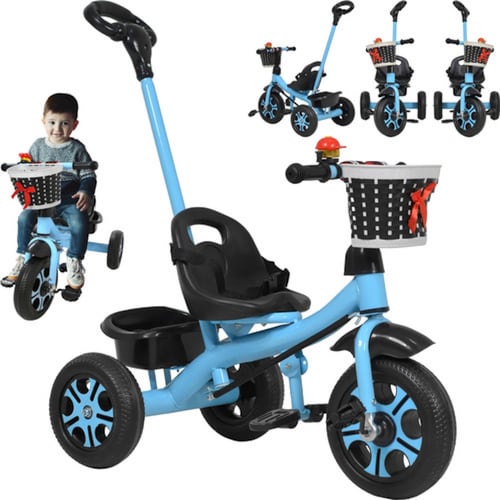 Triciclo Infantil Niños 2 En 1 Barra Empuje Cajuela Canasta Azul