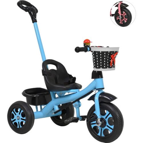 Triciclo Infantil Niños 2 En 1 Barra Empuje Cajuela Canasta Azul