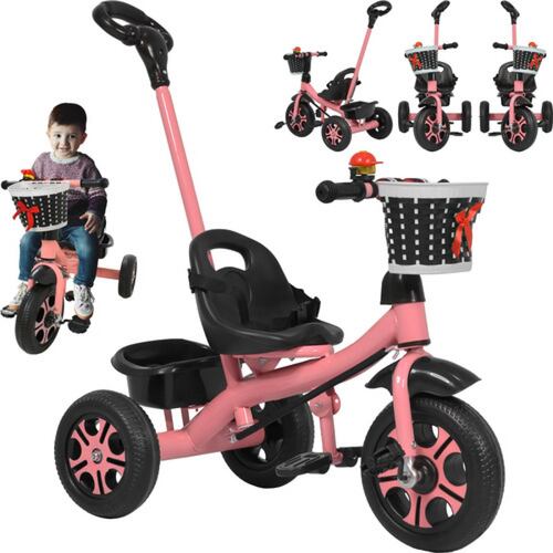 Triciclo Infantil Niños 2 En 1 Barra Empuje Cajuela Canasta Rosa