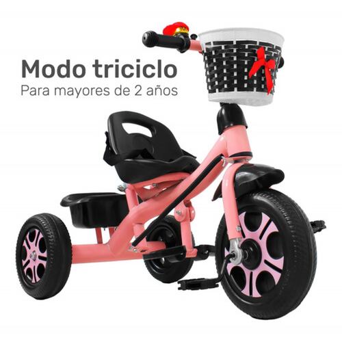 Triciclo Infantil Niños 2 En 1 Barra Empuje Cajuela Canasta Rosa