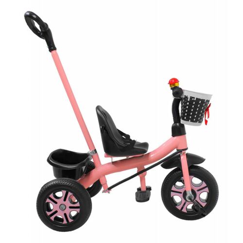 Triciclo Infantil Niños 2 En 1 Barra Empuje Cajuela Canasta Rosa