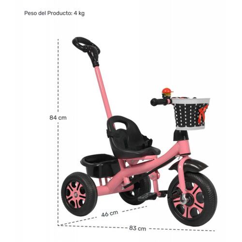 Triciclo Infantil Niños 2 En 1 Barra Empuje Cajuela Canasta Rosa