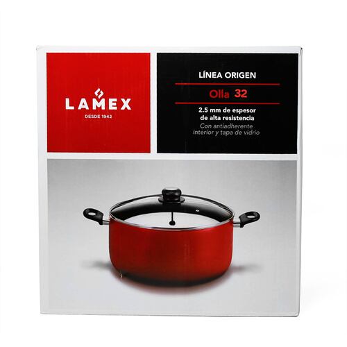 Olla de 32 cm con Antiadherente y Tapa de Vidrio Roja Lamex 6669-9
