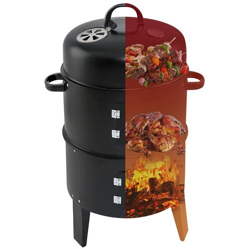 Asador ahumador de dos niveles circular con termómetro