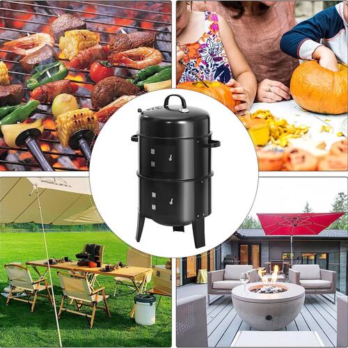 Asador ahumador de dos niveles circular con termómetro