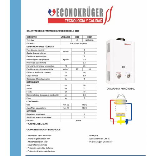 Calentador Instantaneo Boiler 6 Lts Gas Lp 4406 Kruger.